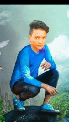 a young boy in a blue shirt is squatting down on a rock