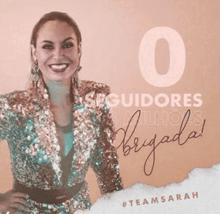 a woman in a sequined jacket stands in front of a number 0