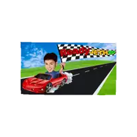 a cartoon of a boy in a red car holding a checkered flag that says ready