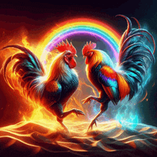 two colorful roosters are standing in front of a rainbow