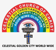 a logo for the celestial church of christ with a rainbow in the center