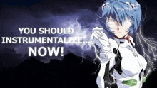 a girl with blue hair is standing in front of a lightning bolt and says `` you should instrumentalize now ! ''