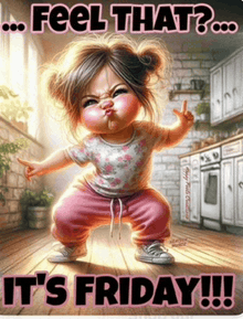 a cartoon of a little girl with the words feel that it 's friday below her