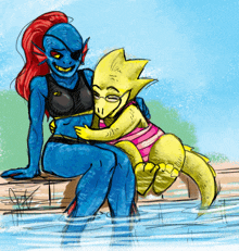 a drawing of a woman in a bikini hugging a yellow monster