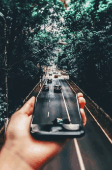 a person is holding a cell phone with a picture of a highway in the background