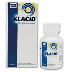 a bottle of klacid is next to a box of klacid .