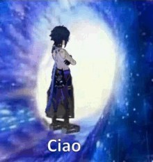 a cartoon character is standing in front of a full moon with the words `` ciao '' written on it .