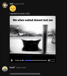 a screenshot of a video of a black cat looking out a window with the caption " me when wahed doesnt text me "