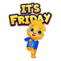 a cartoon lion with a blue shirt and the words it 's friday behind him