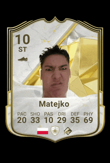 a soccer card for matejko has a picture of a man on it