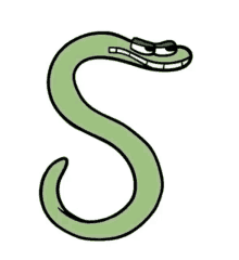 a cartoon drawing of a green letter s with a toothpick in its mouth