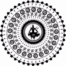 a black and white circular design with om symbols and a silhouette of a man