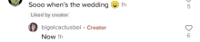 a screenshot of a facebook page that says ' sooo when 's the wedding ' at the top