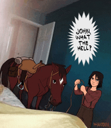 a cartoon of a man standing next to a horse with the words john what the hell on it