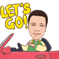 a cartoon of a man driving a red car with the words let 's go written above him