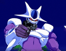 a purple and white robot is pointing a gun