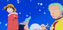 a group of anime characters standing in the snow including luffy zoro and franky