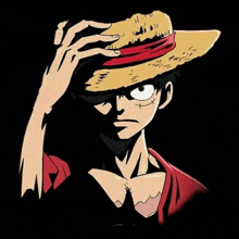 luffy from one piece is wearing a straw hat and covering his eyes with his hand .