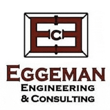 the logo for eggman engineering and consulting is a brown and white logo with a red e in a box .