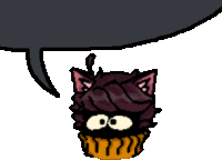 a cartoon cupcake with a cat 's head and a speech bubble behind it .