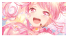 a close up of a pink anime girl with pink hair and red eyes .