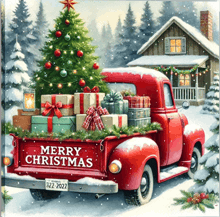 a red truck with a christmas tree and presents in the back wishes merry christmas