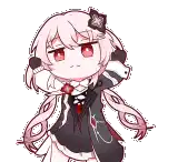 a cartoon girl with pink hair and red eyes is wearing a black jacket and a black skirt .