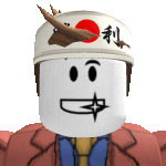 a roblox character is wearing a hat with a red sun on it .