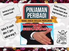 an advertisement for pinjaman perabadi shows a man 's hand