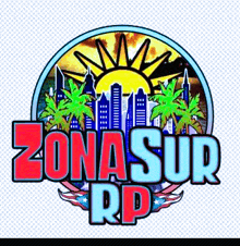 a logo for zona sur rp with a sun and palm trees in the background