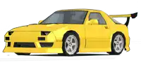 a yellow car with a black spoiler on the wing