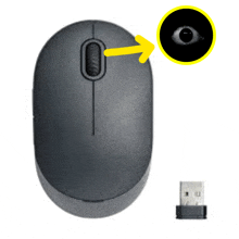 a black computer mouse with a yellow arrow pointing to the o button