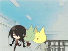 a cartoon of a girl and a green cat