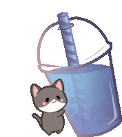 a pixel art illustration of a cat standing next to a cup of bubble tea with a straw .