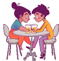 a cartoon of a man and a woman sitting at a table holding beer mugs