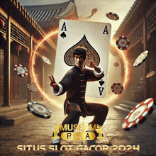 a poster for museum bola shows a man holding a ace of spades