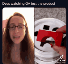 a woman with glasses is next to a picture of a product