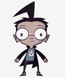 a cartoon character with big eyes and a skull on his shirt