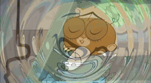 a cartoon character is laying in the water with his eyes closed and a bottle in his mouth