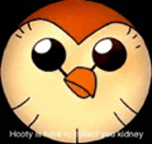 a cartoon owl with a big orange beak is sitting in a circle on a black background .