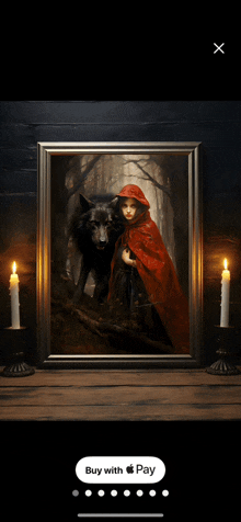 a painting of little red riding hood with a wolf and candles on a table