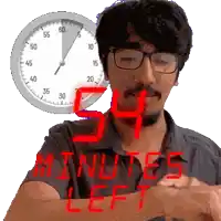 a man wearing glasses looks at his watch with a clock behind him and the words " 54 minutes left "