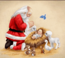 a painting of santa kneeling in front of a baby in a manger