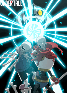 a poster for undertale shows two skeletons standing in front of a giant skull