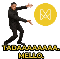 a man in a suit is standing in front of a yellow circle that says " taaaaaaa mello "