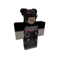 a roblox character wearing a black shirt with the word chaos on it