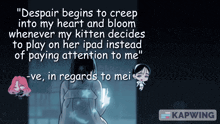 a cartoon of a woman with the words despair begins to creep into my heart and bloom written on it