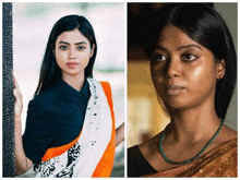 a woman in a saree and a woman in a necklace are standing next to each other