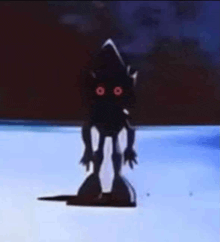 a shadow of a cartoon character with red eyes is standing on a table .