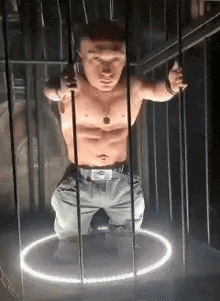 a shirtless man is standing in a cage with a glowing ring around him .